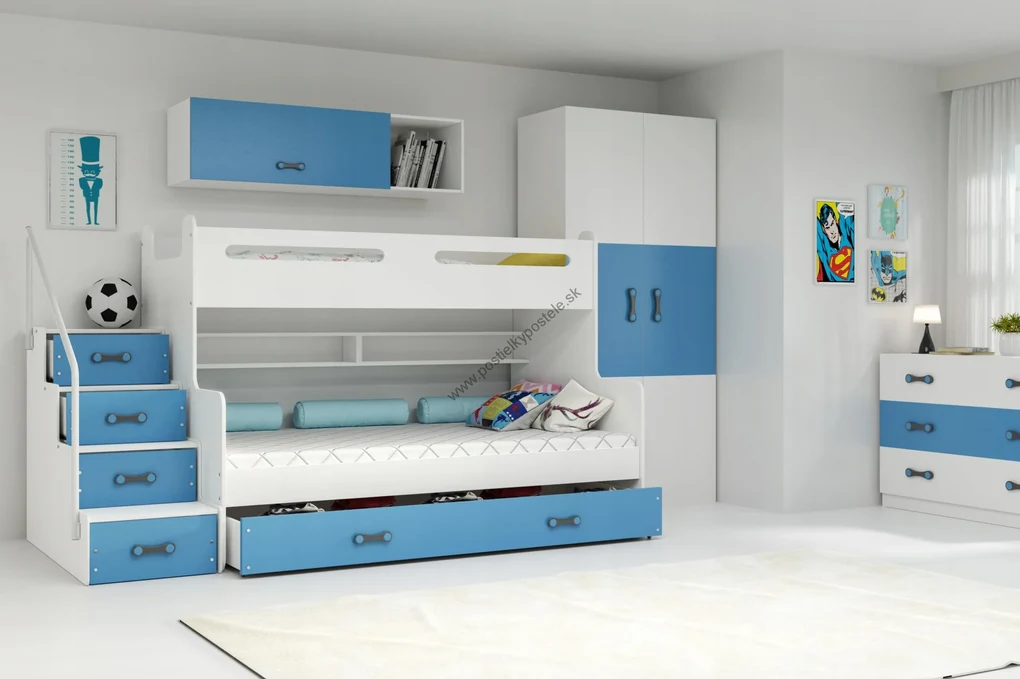 Poschodová posteľ MAX 3 rozšírená 200x120 biela - modrá