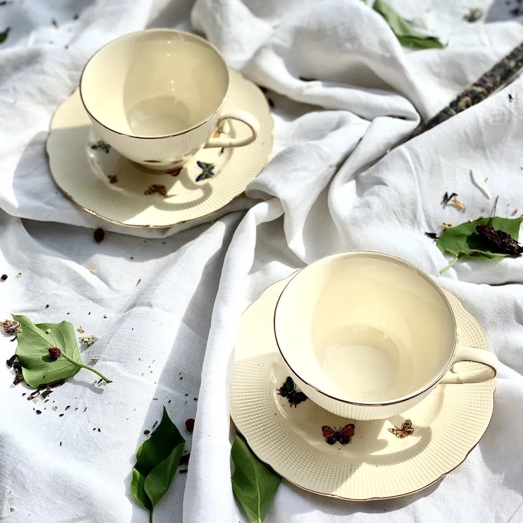 Duo Porcelánová šálka na nohe s podšálkou Ecru Butterflies 125 ml sada 2ks