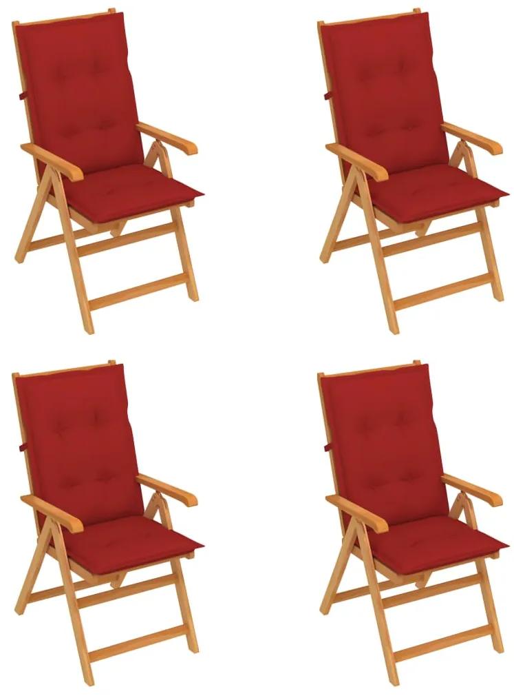 Záhradné stoličky 4 ks s červenými podložkami tíkový masív