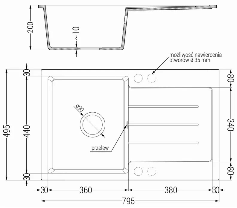 Mexen Bruno, drez granitový 795x495x200 mm, 1-komorový, čierna-strieborná metalíza so zlatým sifónom, 6513791010-73-G