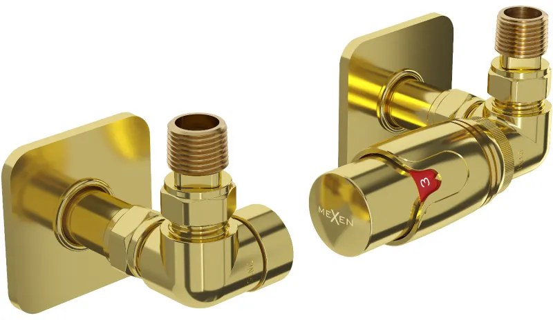 Mexen G00, axiálny ventil G1/2" s hranatými krytkami a termostatickou hlavicou M30x1,5 mm, zlatá lesklá, W903-900-909-50