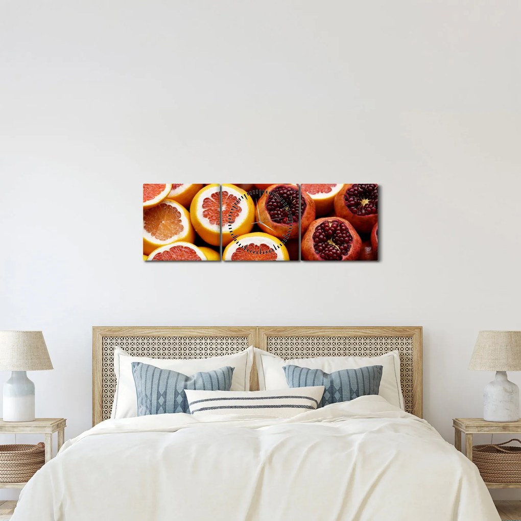 Obraz pomarančov a granátových jabĺk (s hodinami) (90x30 cm)