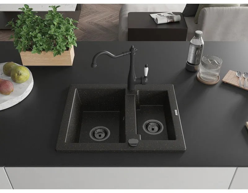 Mexen Carlos, granitový drez 582x475x177 mm, 1,5-komorový a drezová batéria Carla, čierna-zlatá metalíza, 6518-75-670700-70-B