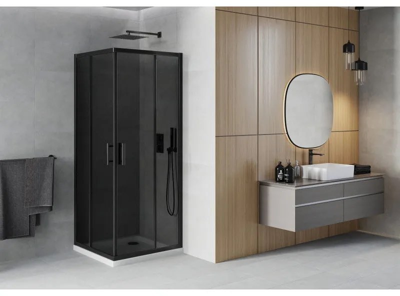 Mexen Rio, štvorcový sprchovací kút s posuvnými dverami 80(dvere) x 80(dvere) x 190 cm, 6mm šedé sklo, čierny profil + biela sprchová vanička SLIM, 860-080-080-70-40-4010B