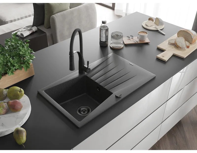 Mexen Cesar, 1-komorový granitový drez 775x470x190 mm a drezová batéria Aster, čierna škvrnitá, 6514-76-73450-70-B