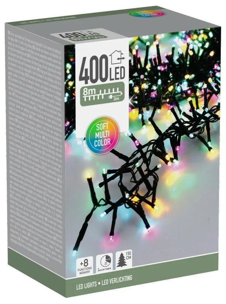 Vonkajšia svetelná reťaz Macaron, 8 m, 400 LED, farby (zelená, oranžová, modrá, ružová), časovač, IP44, 8 m