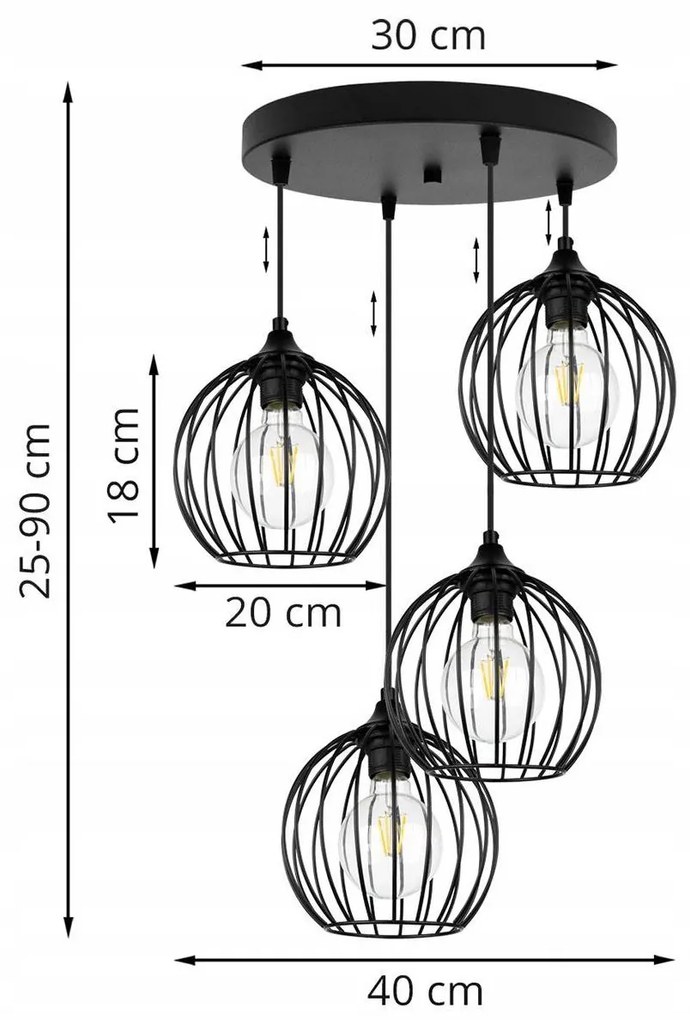 Závesné svietidlo TORONTO, 4x čierne drôtené tienidlo, O