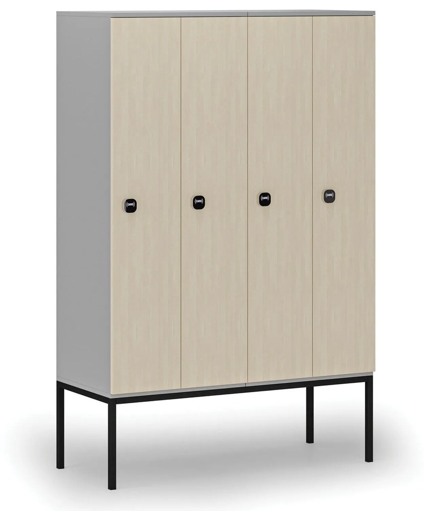Drevená šatníková skrinka s podnožou, 4 oddiely, 1871 x 1200 x 500 mm, RFID zámok, sivá/breza