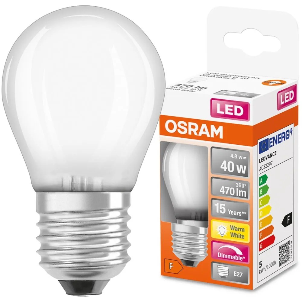 LED žiarovka E27 P45 4,8W = 40W 470lm 2700K Teplé 320° vlákno Stmievateľné OSRAM SUPER STAR