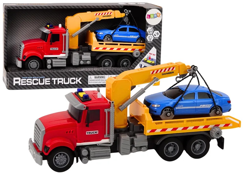 LEAN TOYS Nákladné odťahové vozidlo so žeriavom a autom – červená