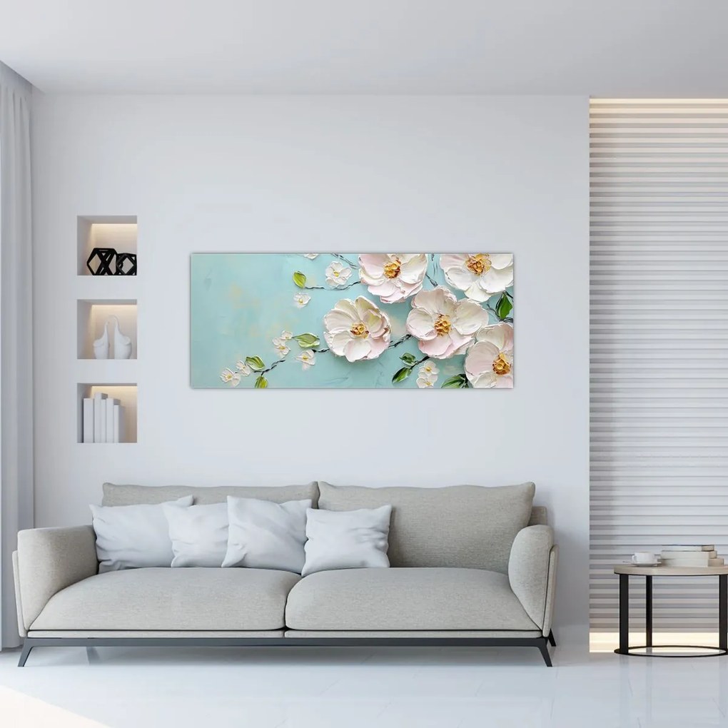 Obraz - Kvietky na modrom pozadí (120x50 cm)