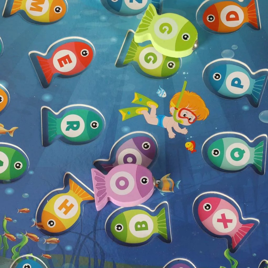 KIK Drevená magnetická hra na lov rýb Montessori 3v1 - abeceda, počítanie a tvary