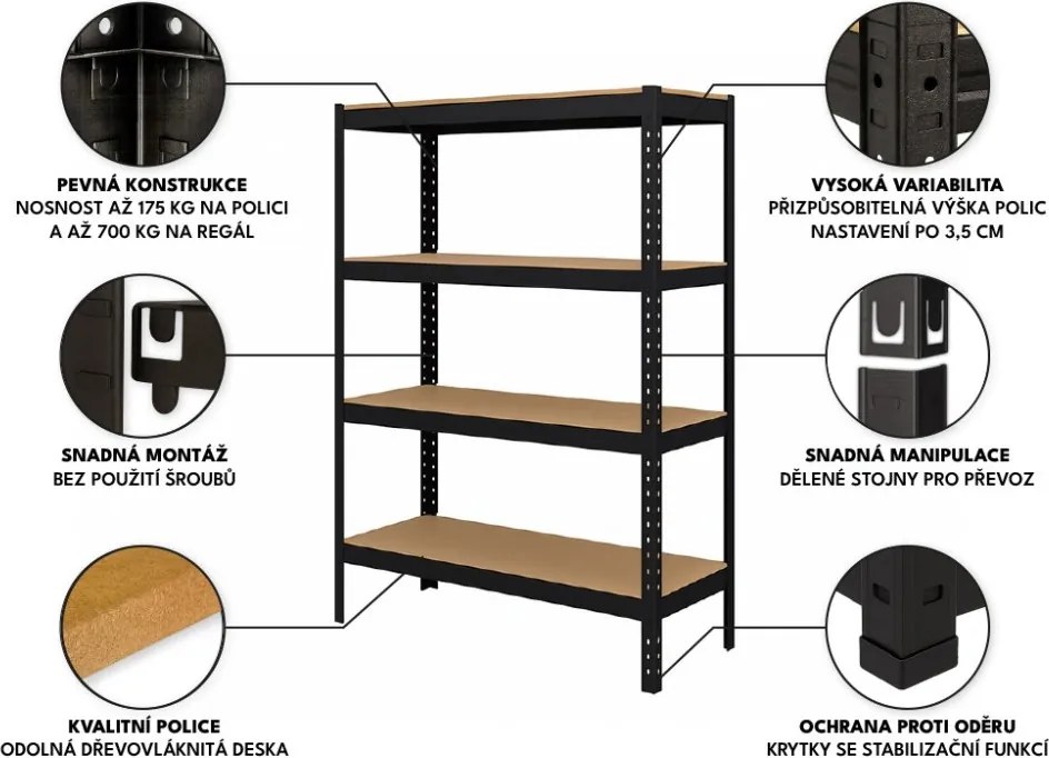 Akcia 20x Regál 150x70x30 cm lakovaný 4-policový, nosnosť 700 kg - čierny