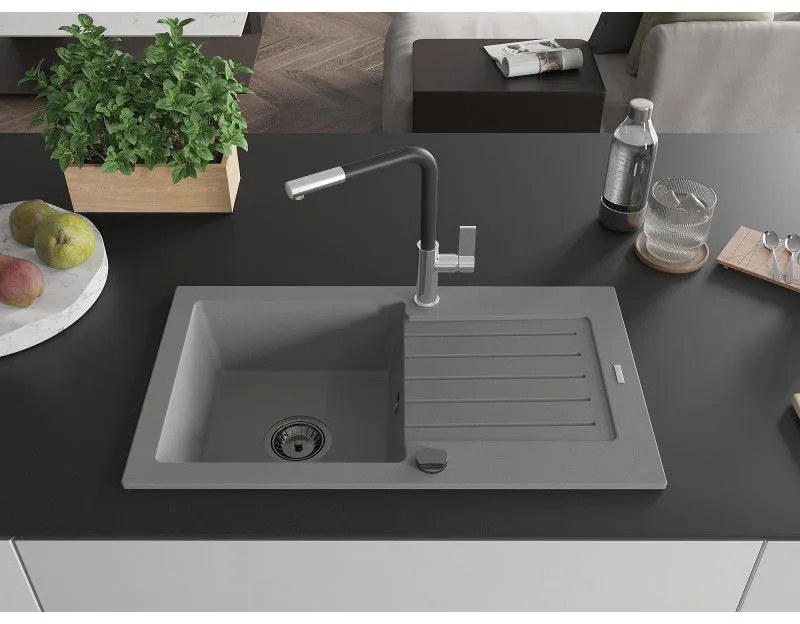 Mexen Pablo, 1-komorový granitový drez 752x436x161 mm a drezová batéria Flora, šedá, 6510-71-670401-07-B