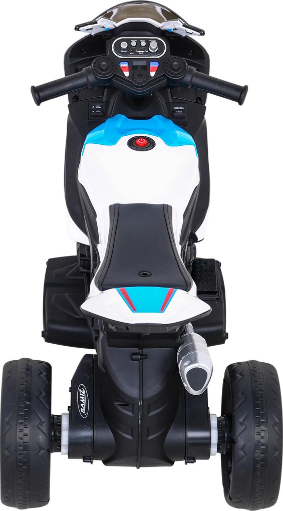 Ramiz BMW HP4 Detský motocykel na batérie biely + 3 kolieska + LED + MP3 USB + ekokoža