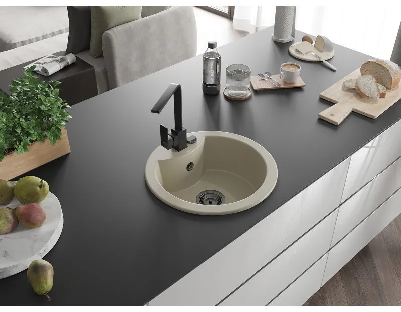 Mexen Diego, 1-komorový granitový drez 488x488x167 mm, čierny sifón, čierna matná batéria Rita, béžová, 6512-69-670300-70