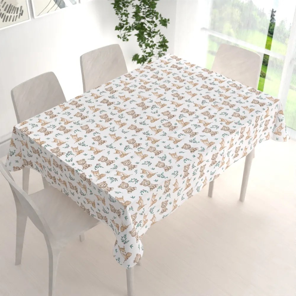 Biante Detský bavlnený obdĺžnikový obrus Sandra SA-470 Medvedíky a srnčekovia na bielom 60x100 cm