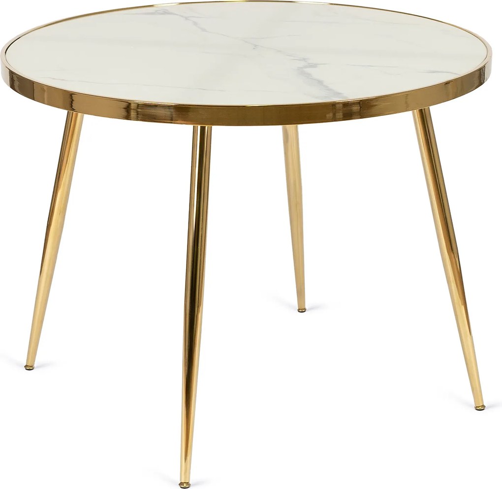 Okrúhly jedálenský stôl TINGA – sklenený stôl s efektom bieleho mramoru a zlatými kovovými nohami