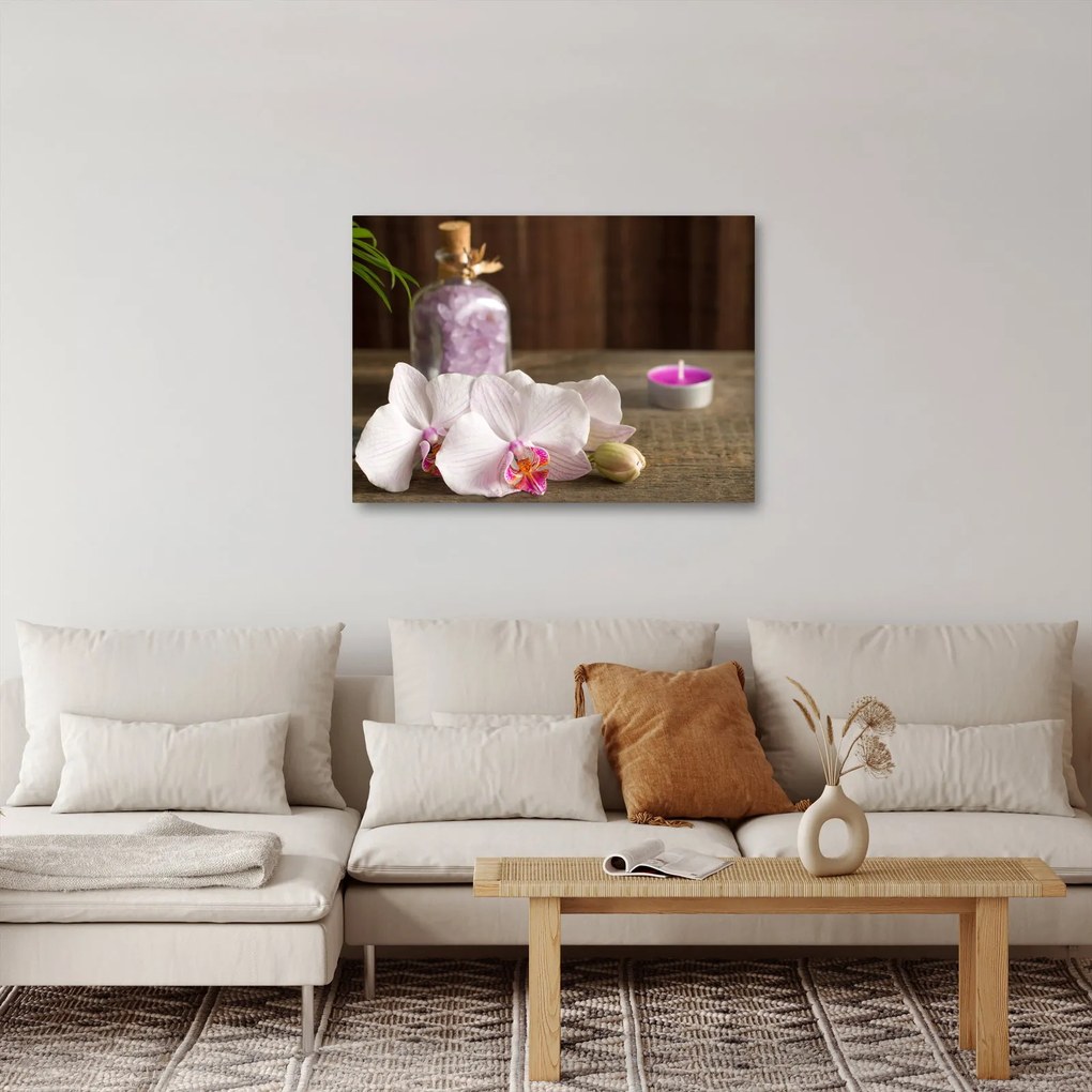 Obraz - Sviečka a orchidey (70x50 cm)