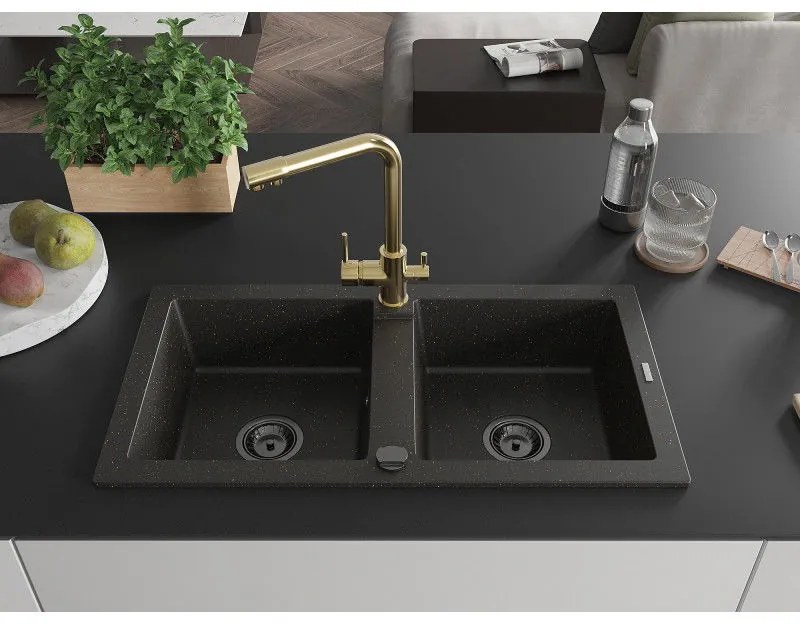 Mexen Mario, 2-komorový granitový drez 820x436x161 mm a zlatá drezová batéria Duero, čierna-zlatá metalíza, 6504-75-671600-50-B