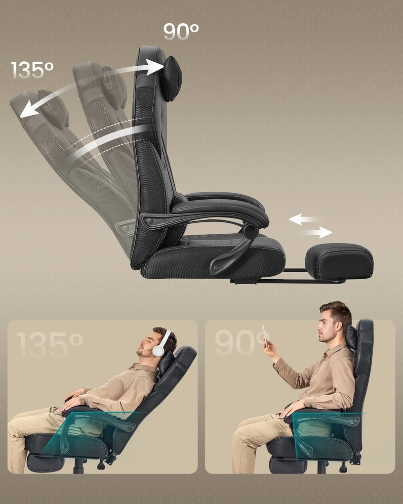 Herná stolička s opierkou nôh, ergonomický dizajn, čierna farba