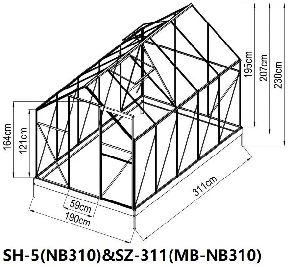 Skleník BestBerg SH-5 / 5,9 m² / 311 x 190 x 195 cm / strieborná