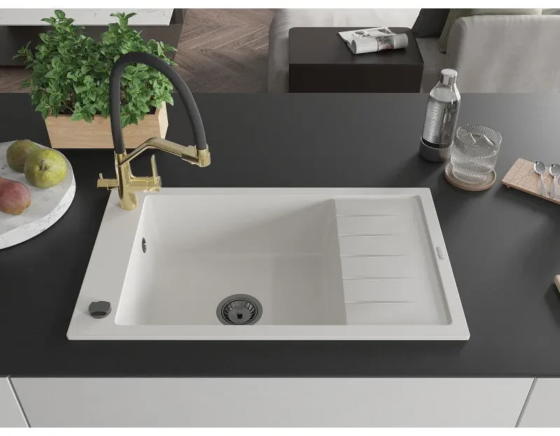 Mexen Elias, 1-komorový granitový drez 795x480x200 mm a drezová batéria Duo, biela, 6511-20-671701-57-B