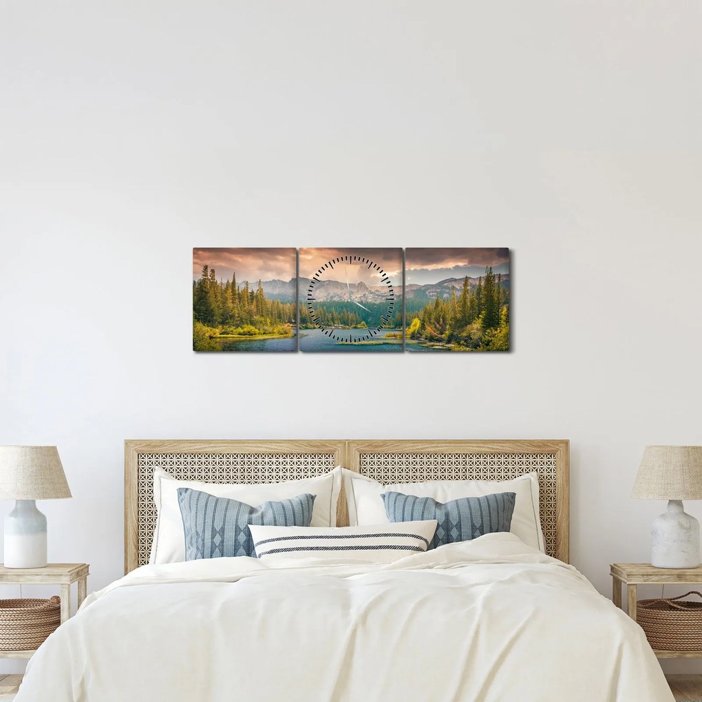 Obraz horskej rieky a hôr (s hodinami) (90x30 cm)
