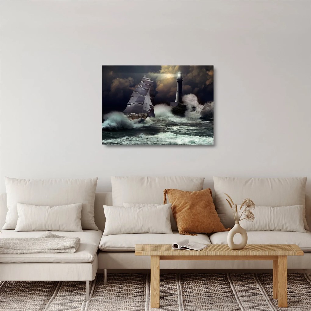 Sklenený obraz - Loď plávajúca cez búrlivé vlny (70x50 cm)