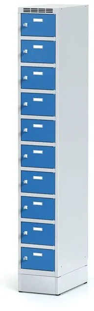 Alfa 3 Šatníková skrinka na sokli s úložnými boxami, 10 boxov, 1920 x 300 x 500 mm, otočný zámok, modré dvere