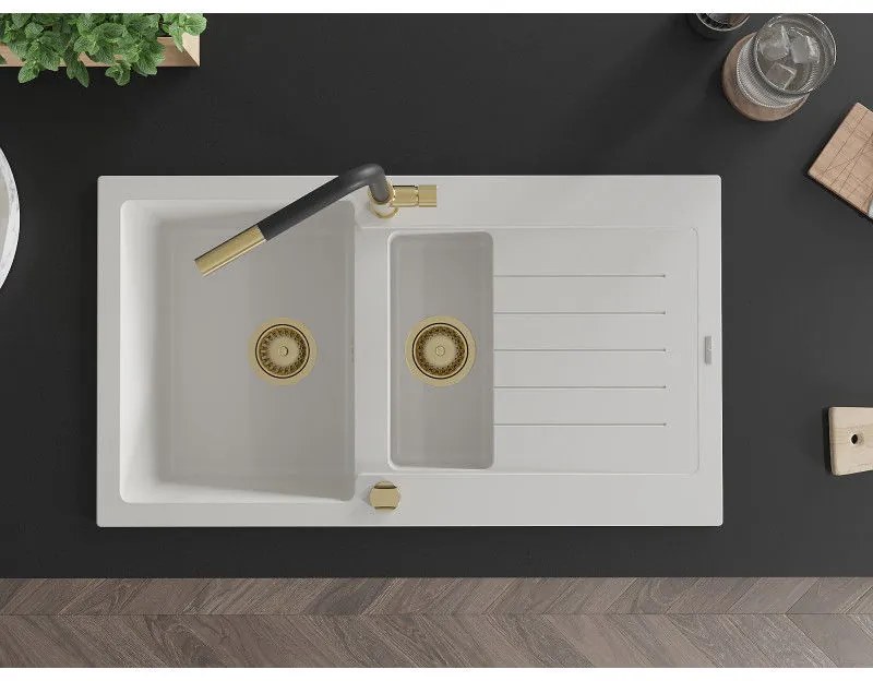 Mexen Matias, 1,5-komorový granitový drez 900x505x200 mm a drezová batéria Flora, biela, 6502-20-670401-57-G