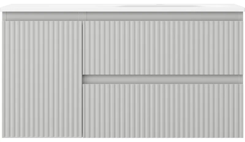 Mexen Rivel, kúpeľňová skrinka 90 cm s pravým umývadlom Vela, 2S, 1D, drážkovaná, sivá matná/biela matná - 91A23-09047-3-BBFFF62-W23P01