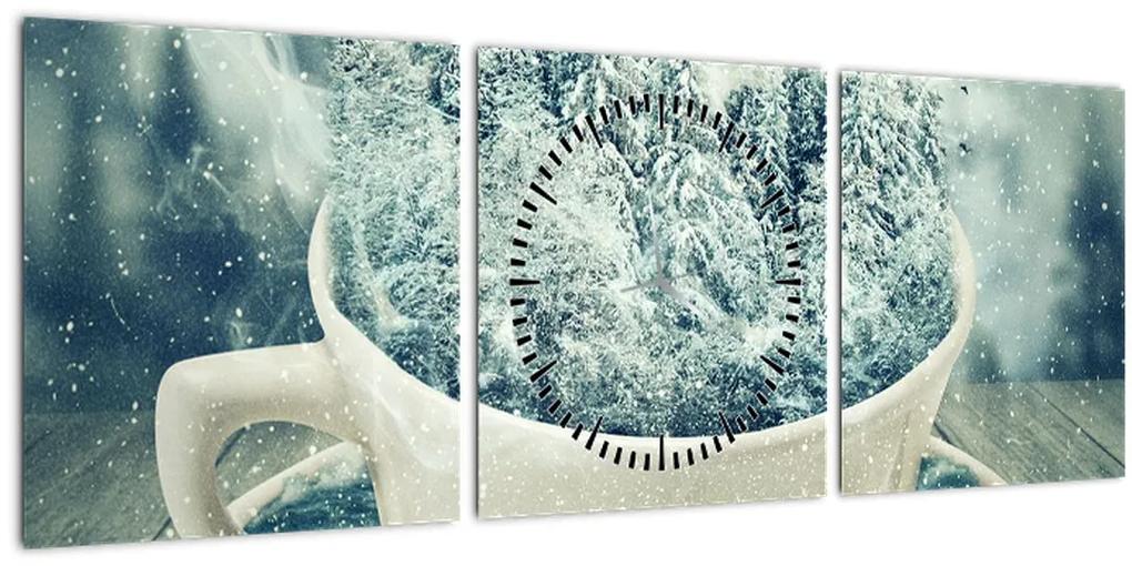 Obraz - Zimný svet v hrnčeku (s hodinami) (90x30 cm)