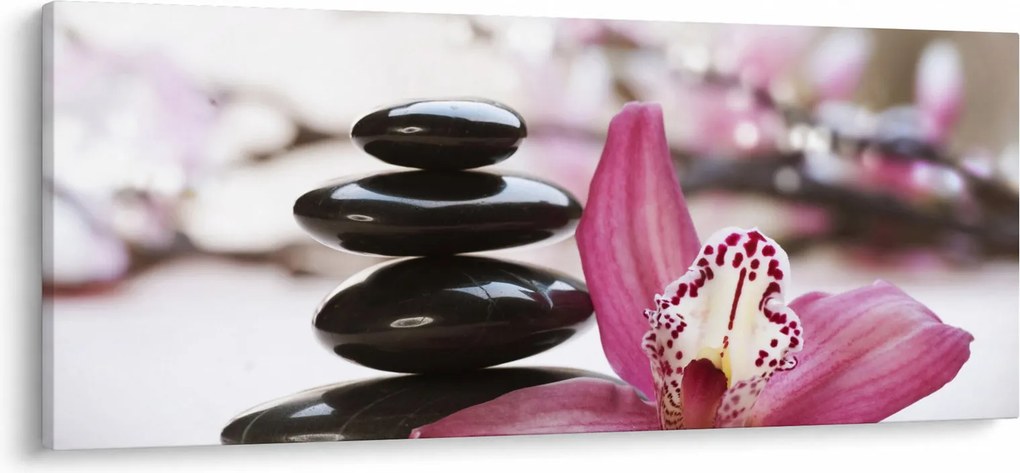 Obraz masážnych kameňov a orchidey na vode (120x50 cm)
