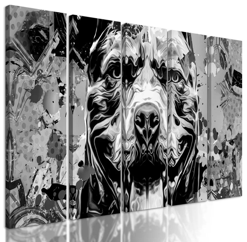 5-dielny obraz abstrakcia psa v čiernobielom prevedení