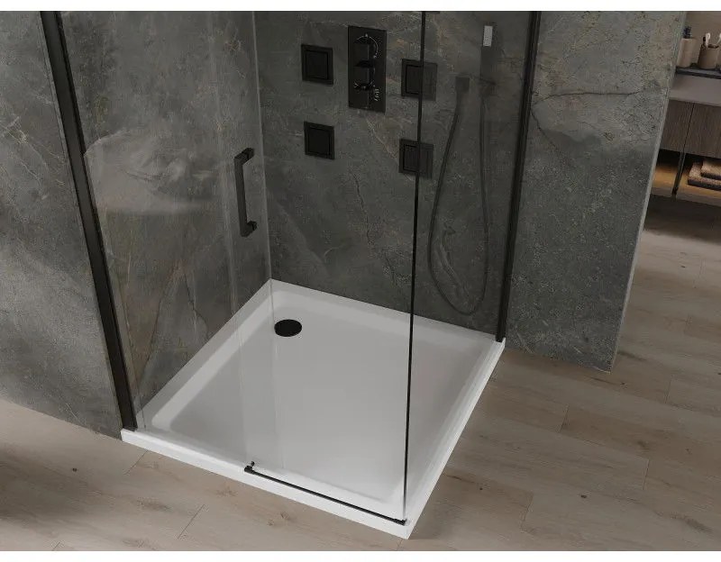 Mexen Omega, sprchovací kút s posuvnými dverami 100 (dvere) x 100 (stena) cm, 8mm číre sklo, čierny profil + slim sprchová vanička biela s čiernym sifónom, 825-100-100-70-00-4010B