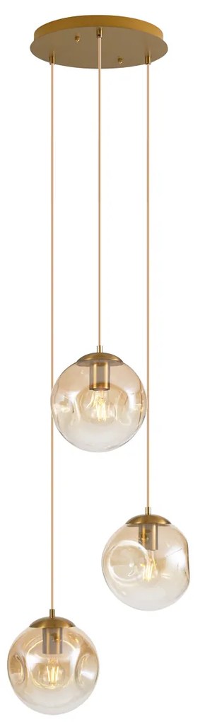 Art Deco závesná lampa mosadzná s jantárovým sklom 3-svetlá - Douglass