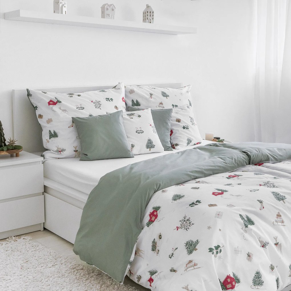 Goldea vianočné bavlnené posteľné obliečky duo - tradičné vianoce so šalviovo zelenou 140 x 220 a 70 x 90 cm
