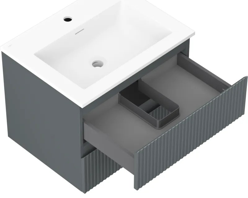 Mexen Rivel, kúpeľňová skrinka 60 cm s umývadlom Otis, 2 zásuvky, drážkovaná, grafitová matná/biela matná, 91A20-06047-2-BFF66-W18M0