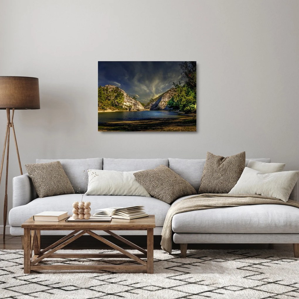 Sklenený obraz krajiny s jazerom (70x50 cm)