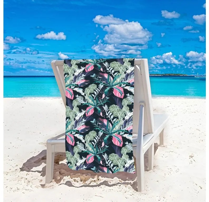 Plážový set NIGHT BLOSSOM - osuška 100×180 cm a pončo 80×145 cm, čierny