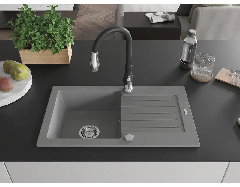 Mexen Pablo, granitový drez 752x436x161 mm, 1-komorový a drezová batéria Savita, šedá, 6510-71-672601-70