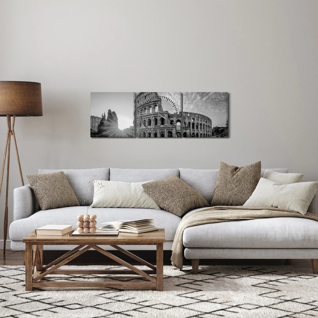 Obraz - Koloseum v Ríme, čiernobiele (s hodinami) (90x30 cm)
