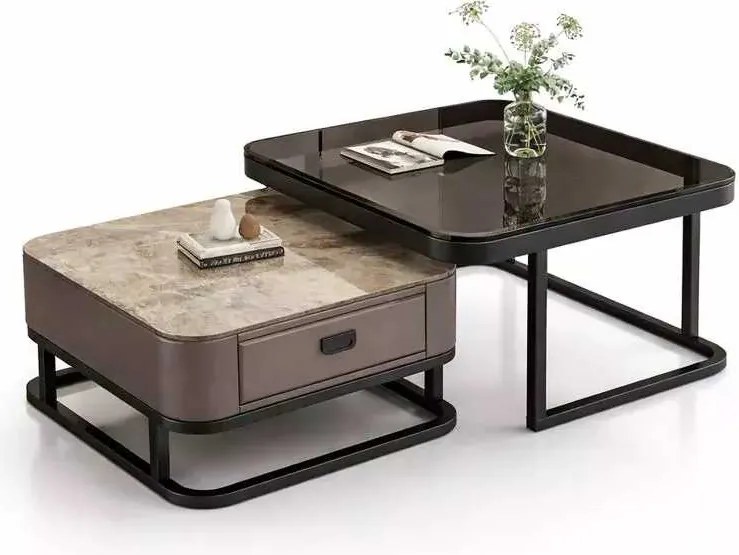 LuxuryForm DESIGN Konferenčný stolík ARAGON 70 × 70 / 60 × 60 cm – sivý / sivý mramor + sklo (set 2 ks)