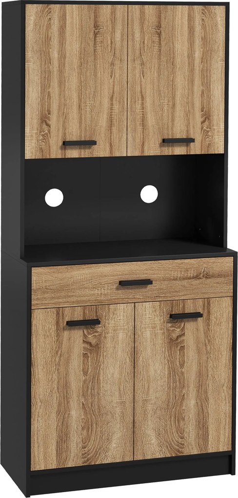 HOMCOM Kuchynská skrinka, Kuchynský bufet, Úložná skriňa, 2 skrinky, 4 dvere, 1 zásuvka, Otvory na káble, Priemyselný dizajn, 80 x 40 x 180 cm, Čierna