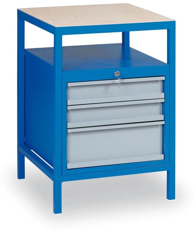 Prístavný dielenský zásuvkový box na náradie k pracovným stolom GD, 3 zásuvky, 1 polica, 575 x 600 x 850 mm, modrá
