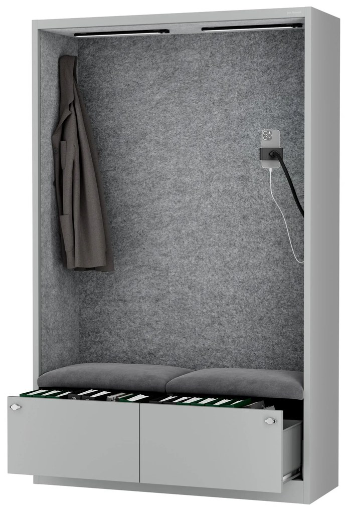 Kancelárska akustická kabína so sedadlom a portom USB-C, telo v sivý / sedák sivá v zelenej farbe, 1150 mm: SALLY MentalBox
