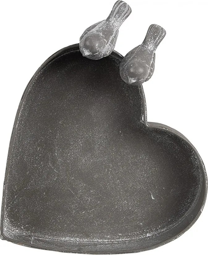 Šedý plechový kvetináč v tvare srdca s vtáčikmi - 19*17*7cm