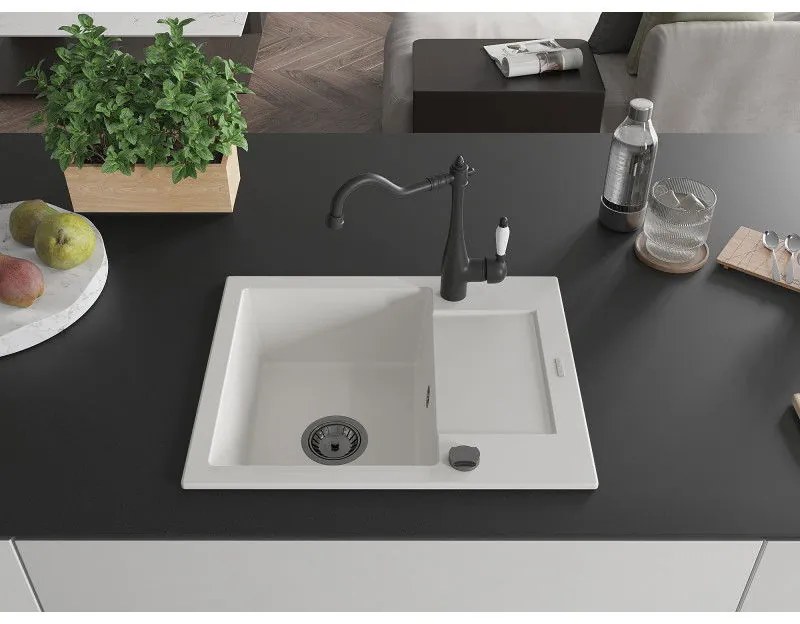 Mexen Enzo, granitový drez 576x465x174 mm, 1-komorový a drezová batéria Carla, biela, 6506-20-670700-70