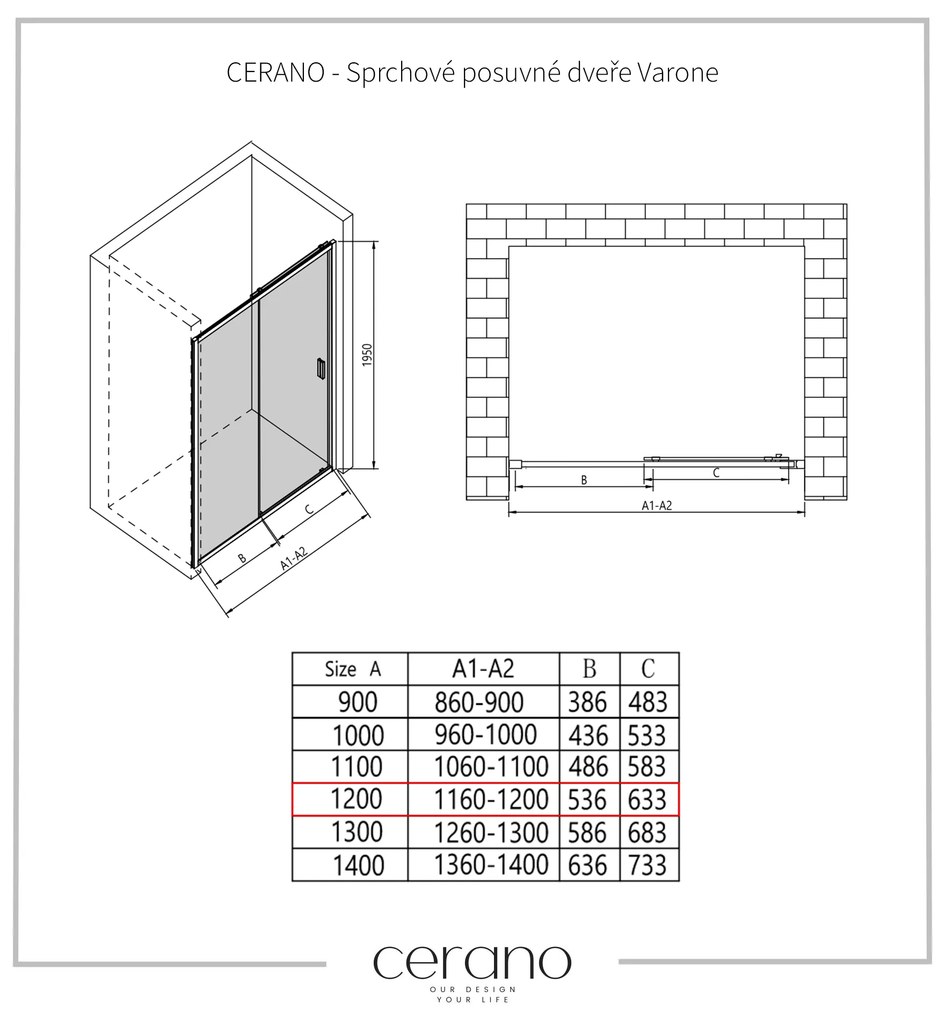 CERANO - Sprchové posuvné dvere Varone LINE Ľ/P - chróm, transparentné sklo - 120x195 cm, CER-CER-478072